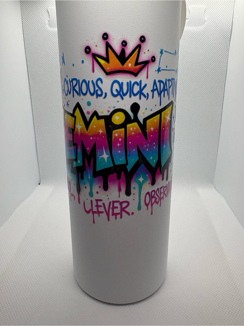Graffiti-Style White Stainless Tumbler with Multicolor Lettering